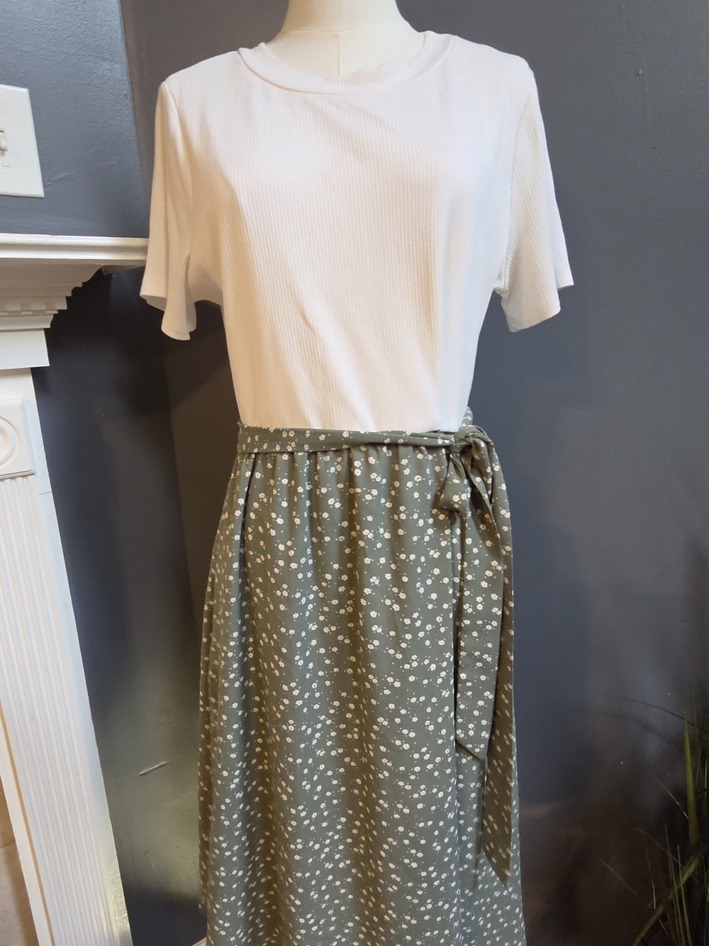 Floral Midi Dress Sage Green White Tie Waist Cottagecore Size XL